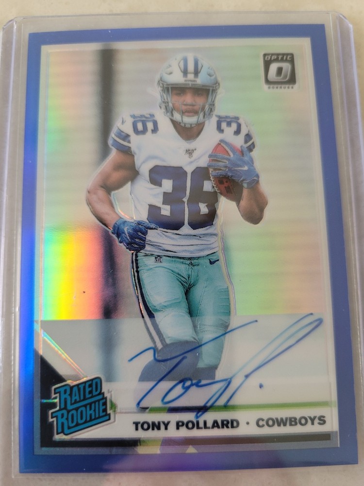 2019 Panini Donruss Optic - Rated Rookie Tony Pollard #187 Blue Prizm Autographs /75 (AU, RC)