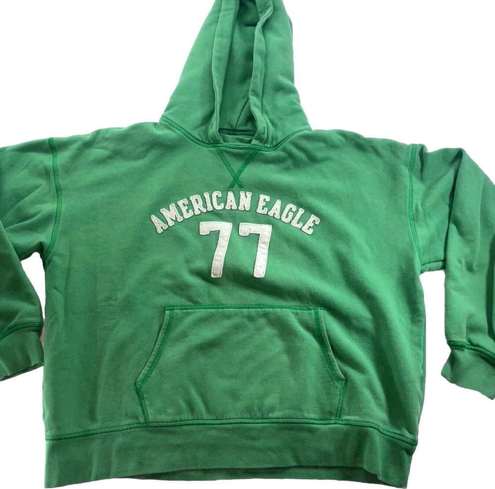 American Eagle Hoodie y2k Kelly Green Spell Out Pullover Cozy Fleece Sweater XS