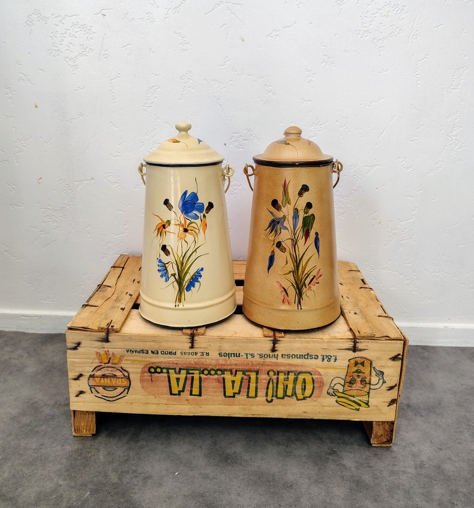 Vintage French Enamelware white Enamel Milk coffee Pot Flower Vase