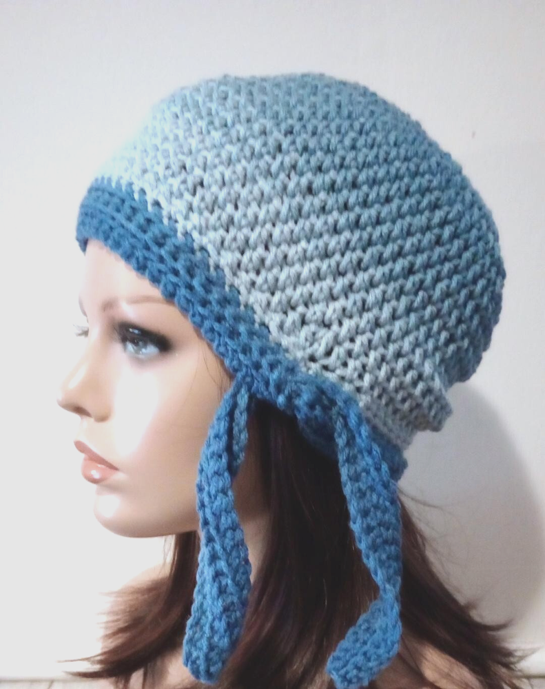 crochet handmade womans hat biker skull beanie chemo true blue USA made