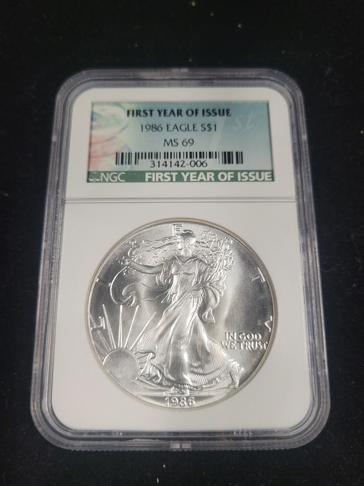1986 AMERICAN SILVER EAGLE NGC MS69 FIRST YEAR OF ISSUE GREEN LABEL