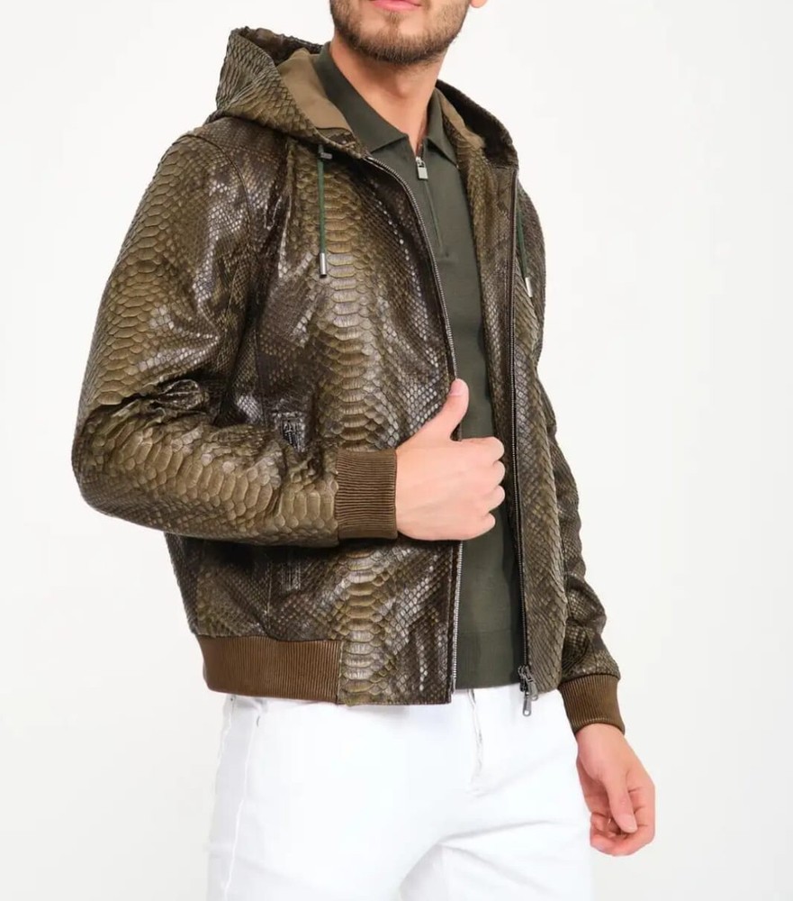 NEW Men's Dark Green Python Embossed Leather Jacket NWT