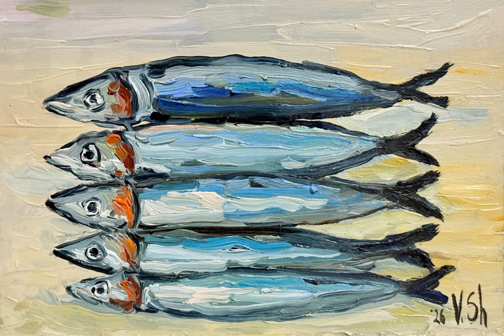 Sardine Original Oil Painting Fish Seafood Art Sardine Still life Kitchen Signed
