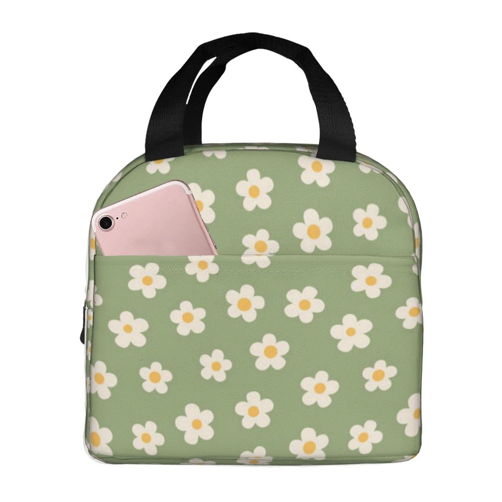 Green Daisy Insulated Lunch Bag Reusable Cooler Tote for Work Travel