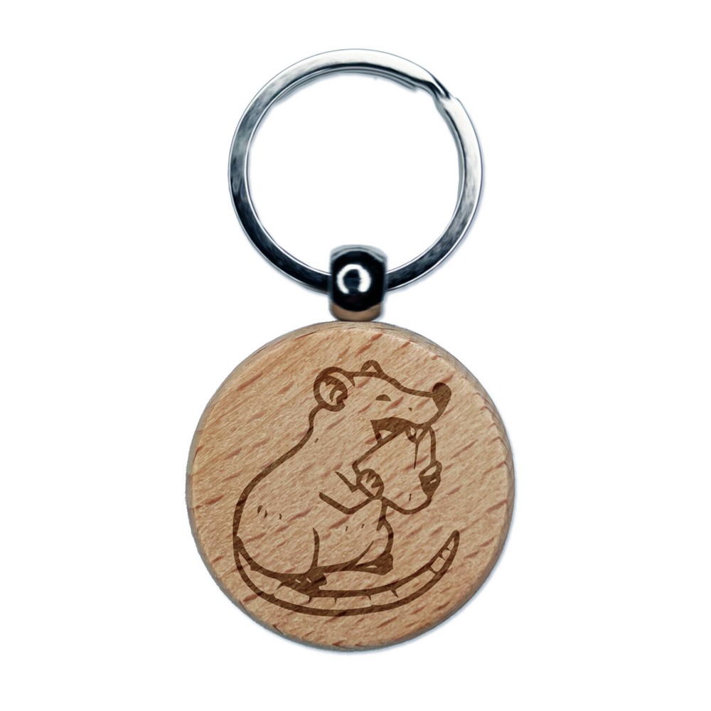 Happy Rat Eating Cheese Engraved Wood Round Keychain Tag Charm