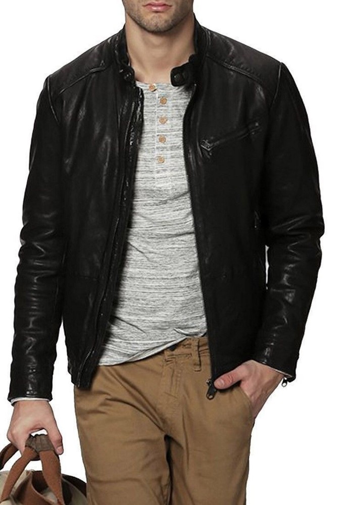 Black Lambskin Biker Leather Jacket for Men – Long Sleeve Party Wear