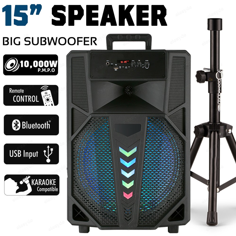 10,000W 15-Inch Portable Bluetooth Party Speaker with LED Lights, Mic & Stand