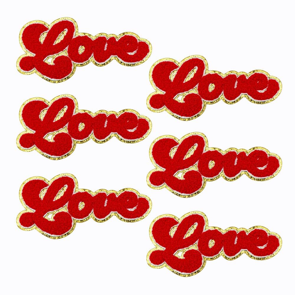 6 PCS Red Love Letter Iron-On Patches Chenille Embroidery Repair for Clothing