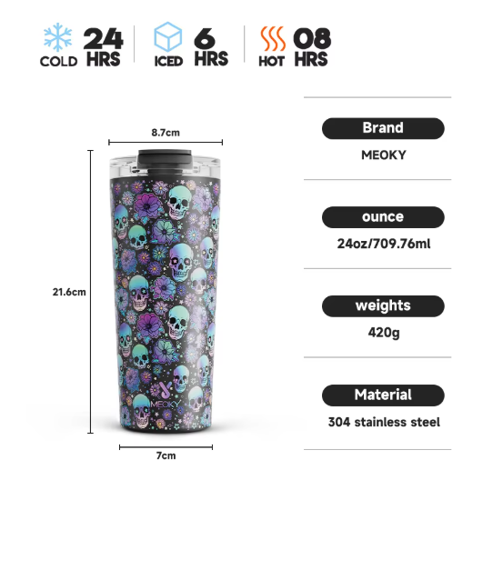Meoky 24oz Stainless Steel Leak Proof Water Bottle Coffee Cup - Black Skulls