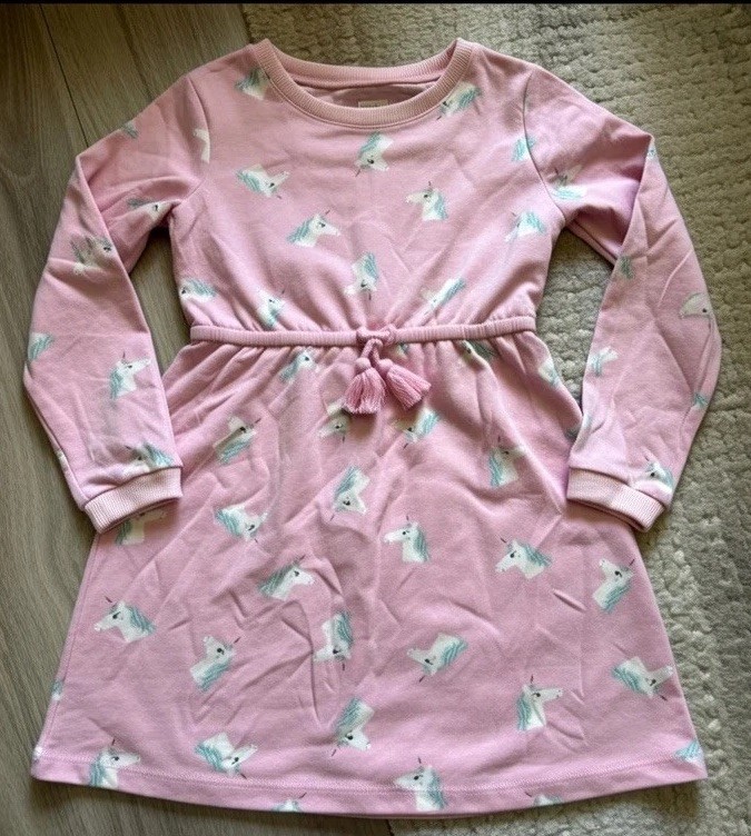 Wonder Nation girls unicorn dress size 7–8 pink long sleeve with pockets