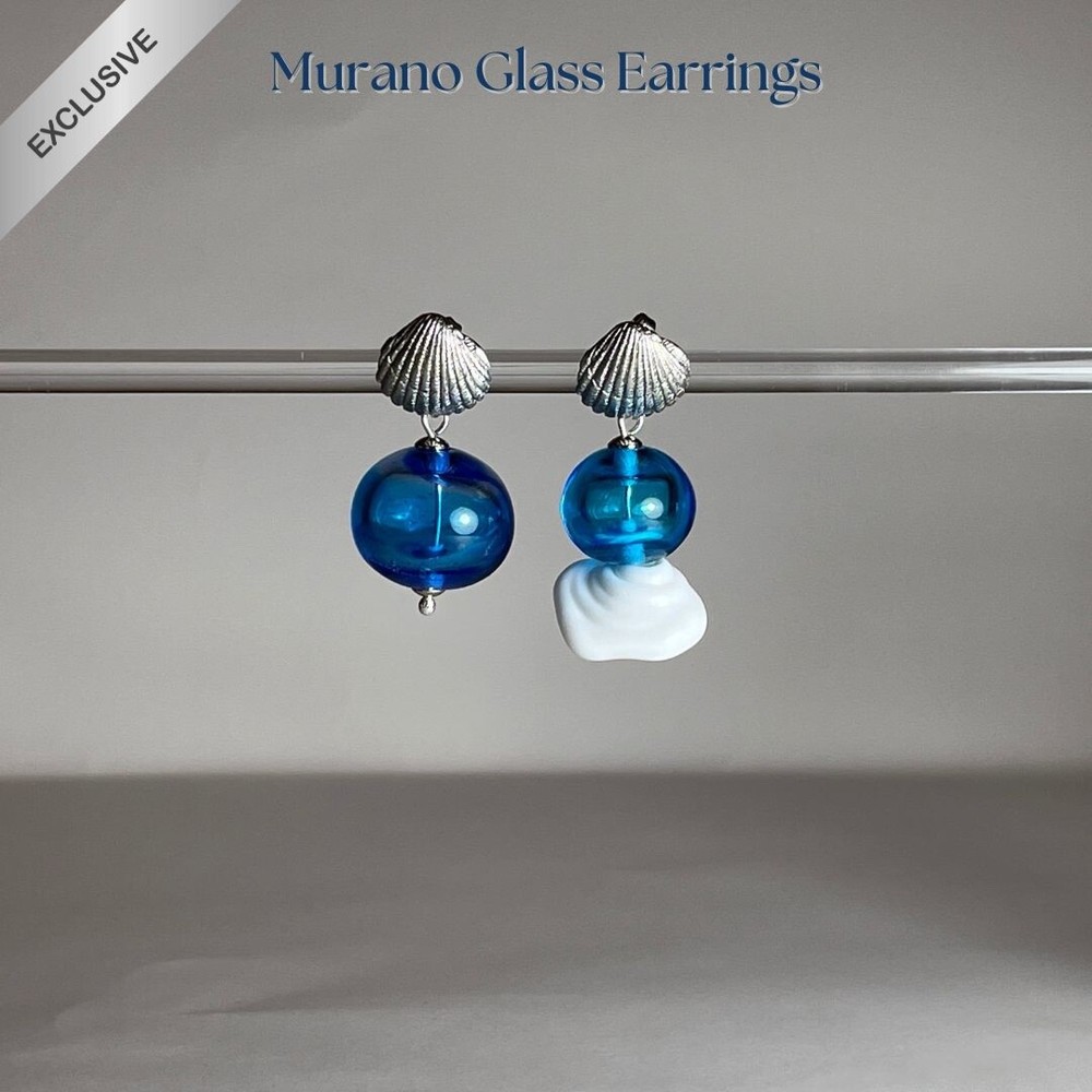 Handcrafted Venetian Blue Murano Glass Ocean-Inspired Marine Theme Earrings