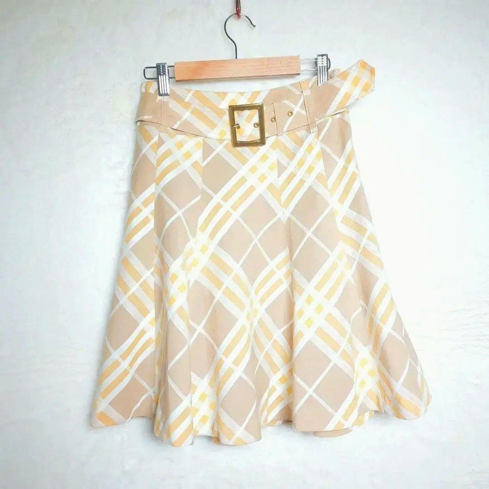 Burberry Blue Label Nova Check Linen Blend Skirt w/ Belt Beige Yellow Size 38