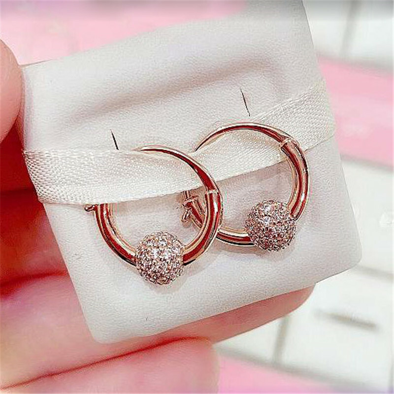New 100% Authentic 925 Sterling Silver Rose Sparkle Pave Bead Hoop Earrings