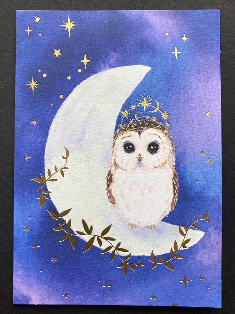 *ONE* Papyrus SMALL Owl Note Card Blank With Gold Foil Seal Moon Stars Blue