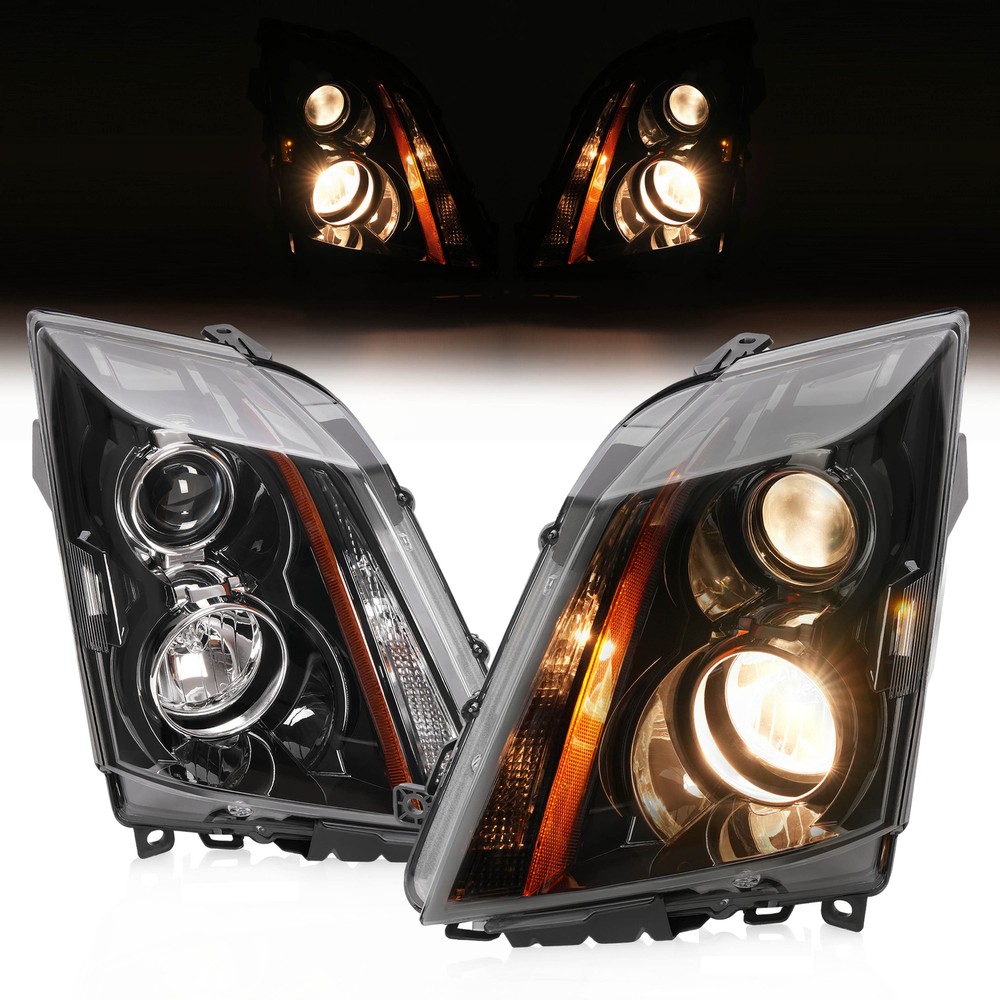 Halogen Type Black Headlights For Cadillac CTS CT-S 2008-2014 LH+RH w/Bulbs