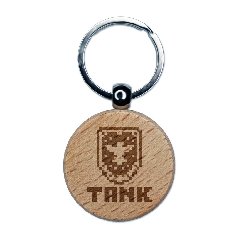 Pixel RPG Tank Warrior Shield Engraved Wood Round Keychain Tag Charm