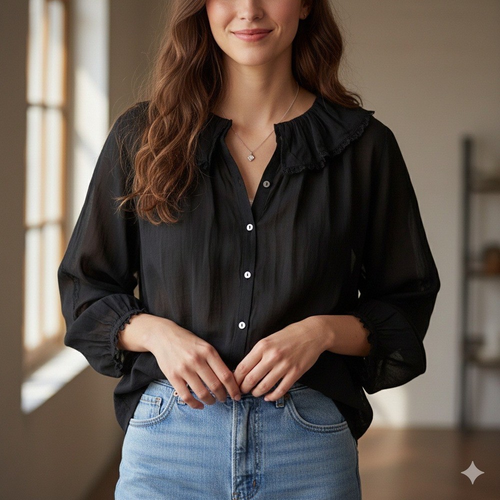 Doen Jana Black Organic Cotton Voile Ruffle Crochet Trim Blouse Size Small
