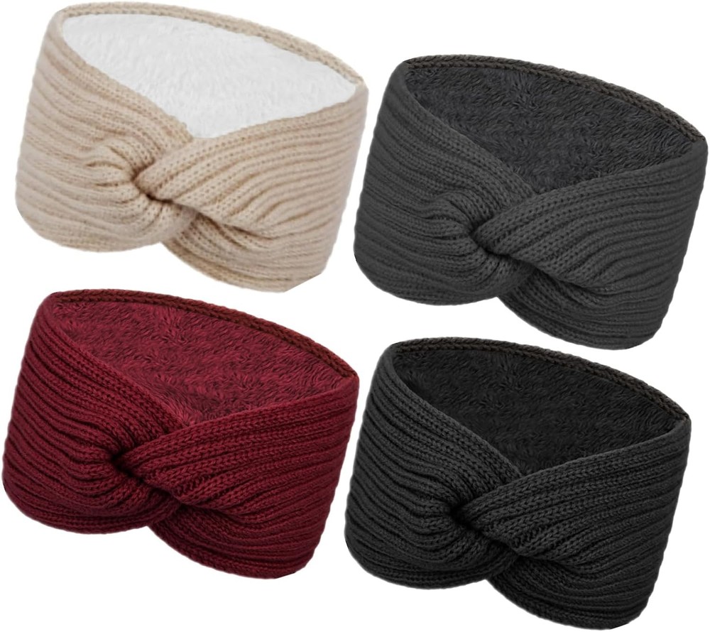 Women’s Winter Headband Cable Knit Ear Warmer Turban Style with Plush Lining