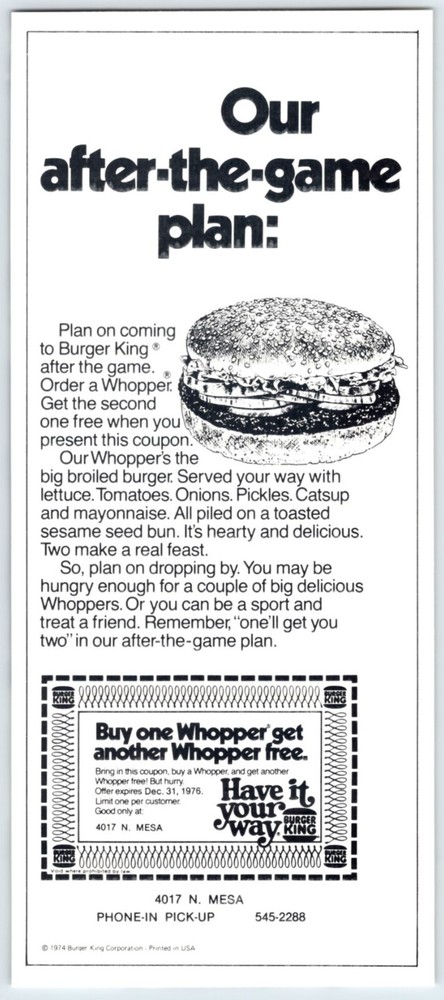 1976 Burger King Whopper Coupon Vintage 4x9 Magazine Ad 70s Fast Food Memorabilia BAS-10-image