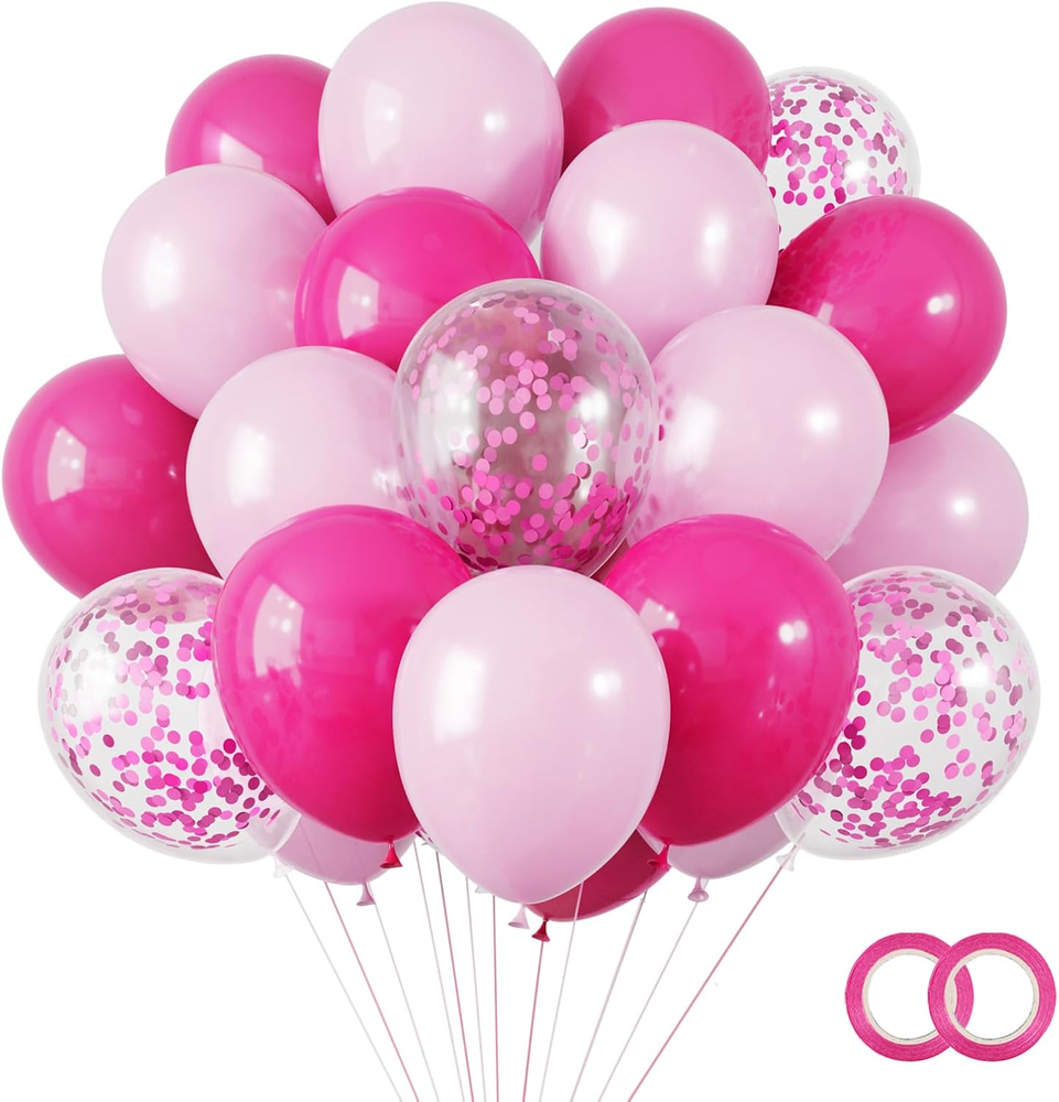 65Pcs Hot Pink Balloons 12 Inch Magenta Confetti Balloon for Valentine'S Day Gir