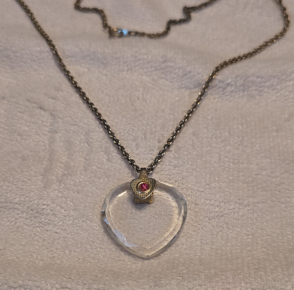 Vintage Silver Tone Rope Chain Necklace Clear Glass Heart Pendant Charm