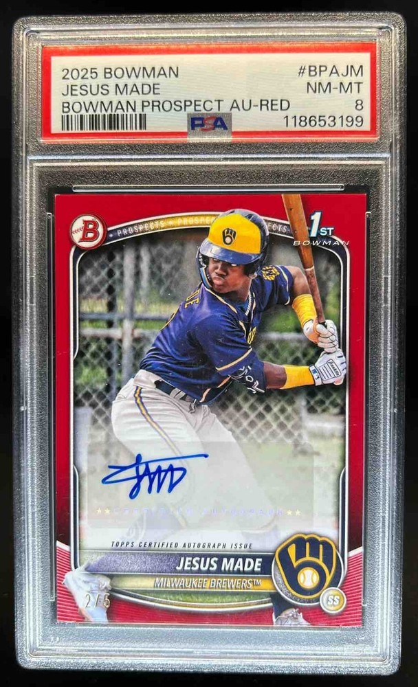 2025 Bowman Jesus Made Auto Red Border 1st Prospect #2/5 Brewers PSA 8