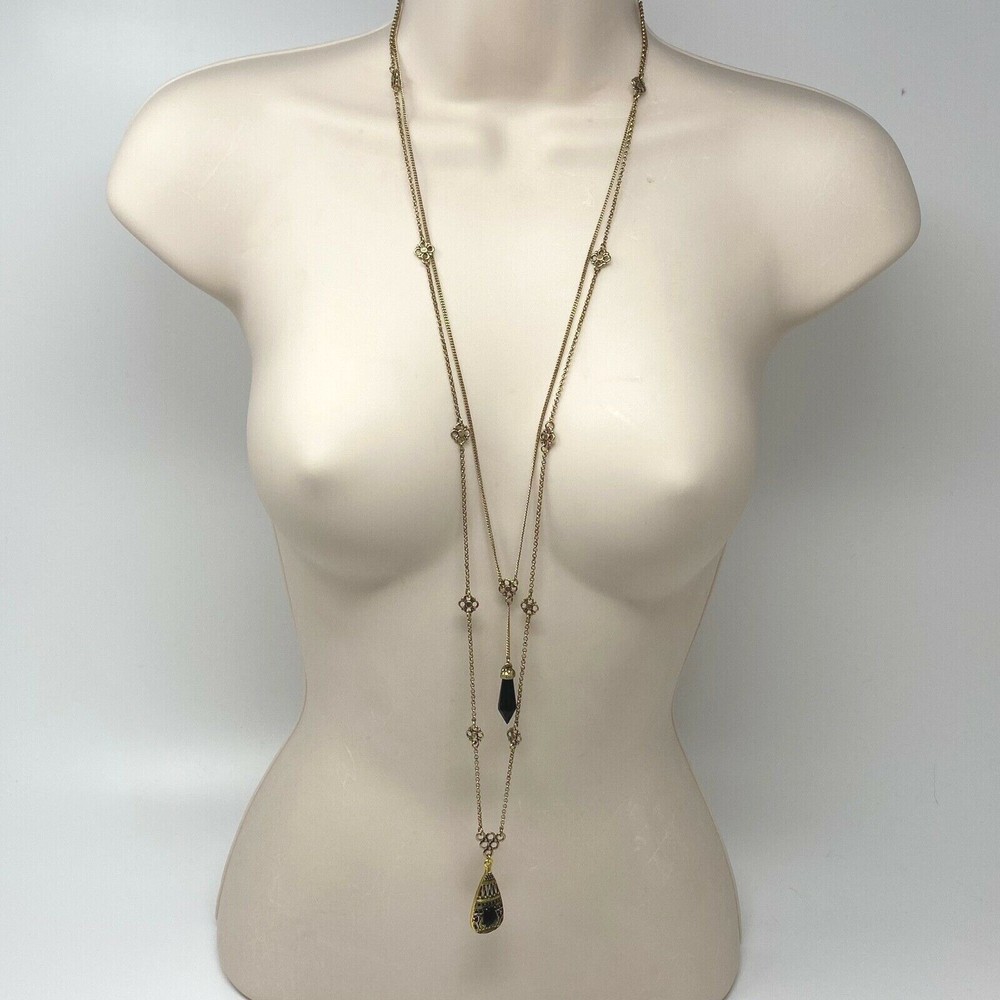 Gennaro Womens Antique Gold Tone Double Chain Necklace Double Black Pendants