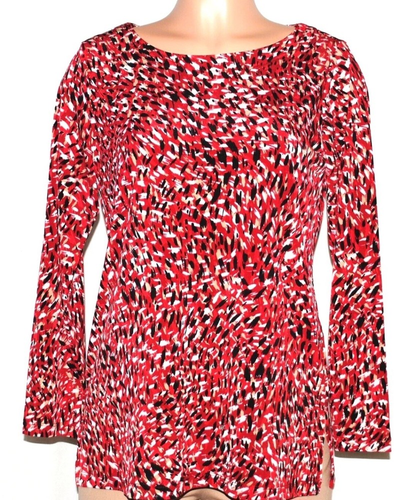 Susan Graver Petite L Red Black Abstract Knit Top NWOT A544667