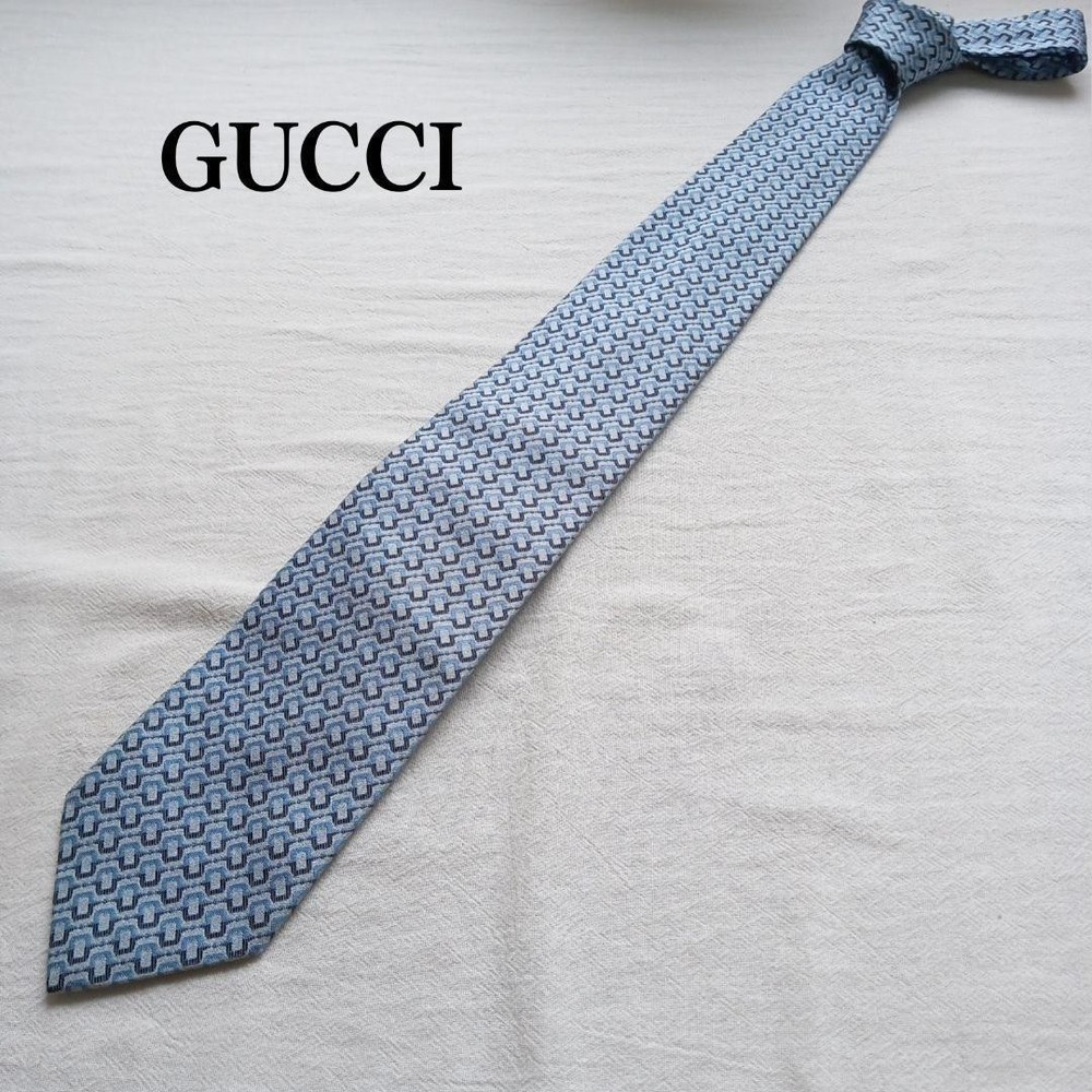 GUCCI Necktie Tie Blue All over pattern Men's 100% Silk Made in Italy Authentic