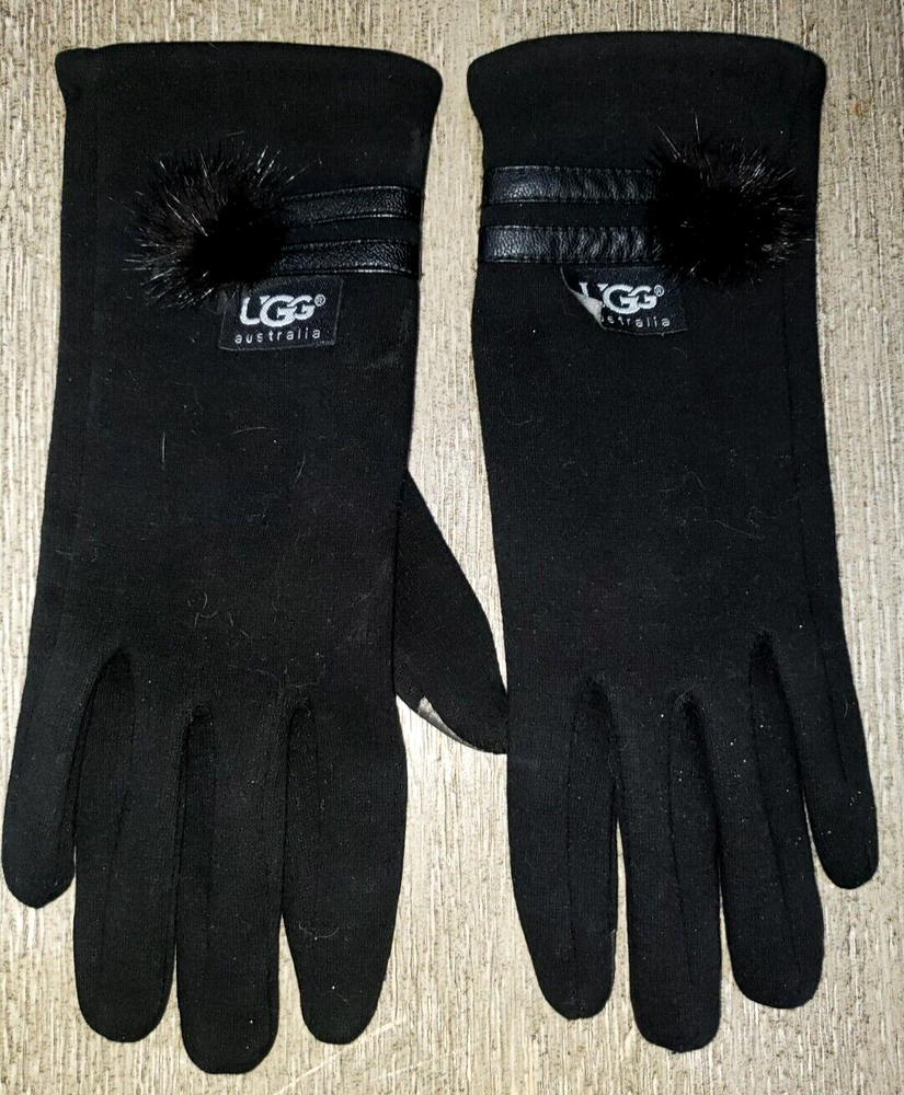 UGG womens black STRETCH WINTER GLOVES FUR TRIM SMALL SOFT LINED!