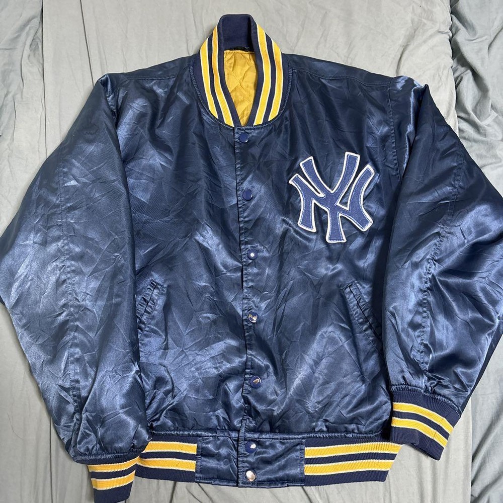New York Yankees Stadium Jacket Navy Yellow Striped Rib, Embroidered Logo, Mens