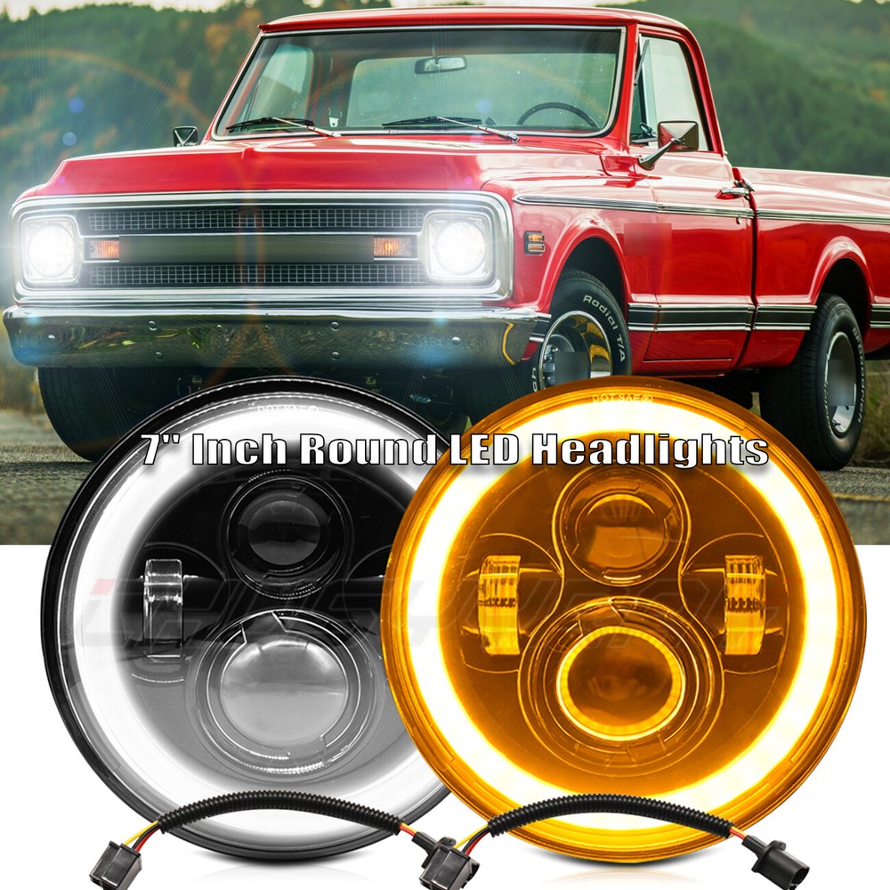 Pair 7 Inch Round LED Headlights Chrome HI-LO for Chevy C10 Camaro Pickup Truck/
