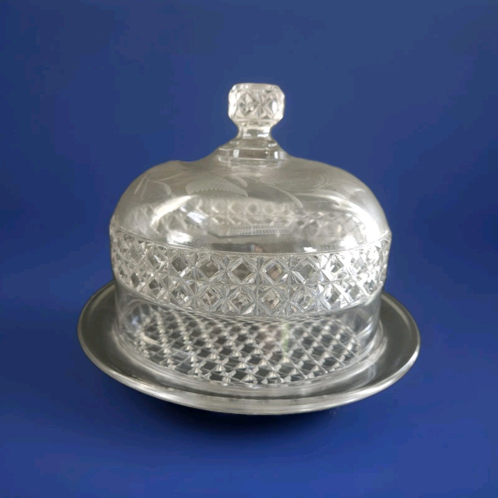 Vintage Heavy Crystal Glass Dome Cheese Dish with Fern Pattern  
