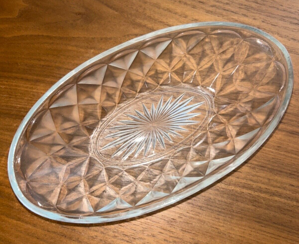 Vintage Clear Crystal Oval Starburst Diamond Candy Dish