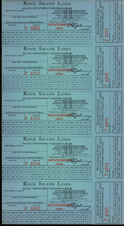 Rock Island Lines Chicago Police & Suburban Pass uncut sheet of 5 unused 11 1963