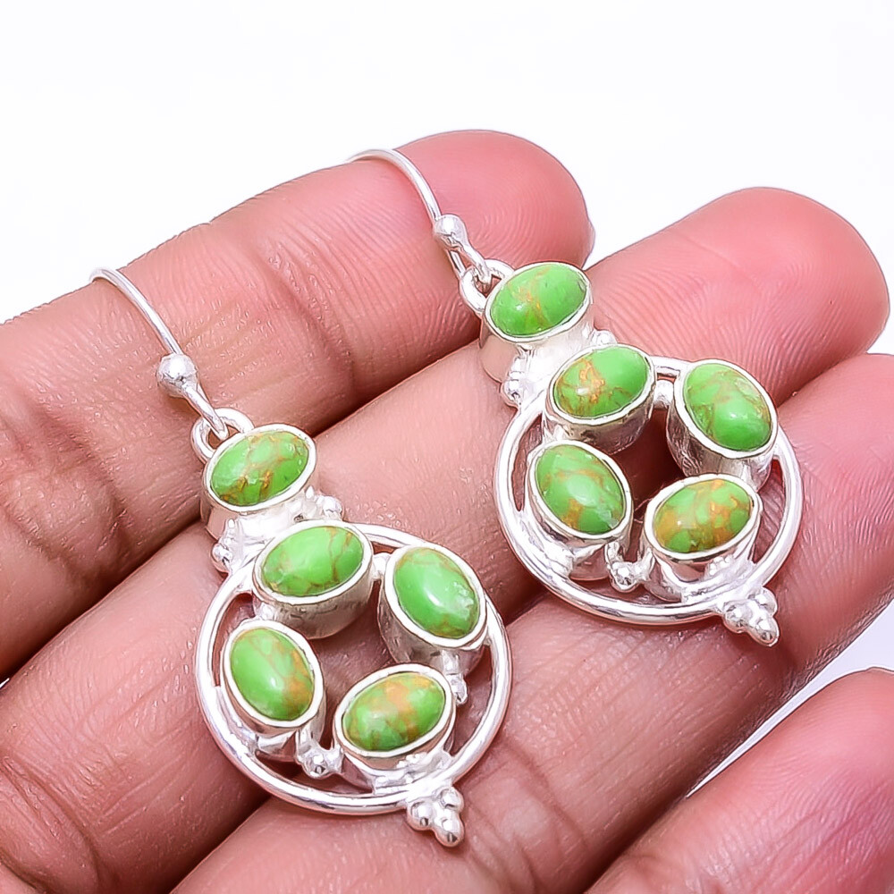 Copper Green Turquoise Multi Collet 925 Sterling Silver Earring 1.83