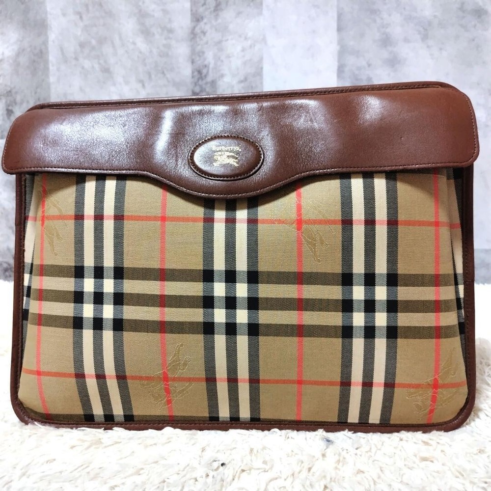 Burberrys Nova Check Clutch Bag Pouch Beige Brown Canvas Leather Excellent+ Auth