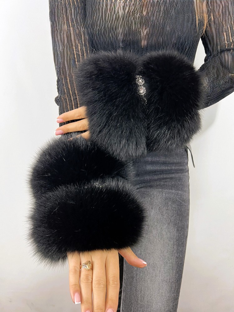 Double Fur Wristbands with Leather Accents and Sparkling Crystals - Saga Furs Cuffs-image