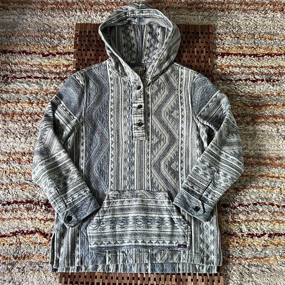 Faherty Brand Aztec Print Henley Hoodie Grey Blue Men's Size Medium M