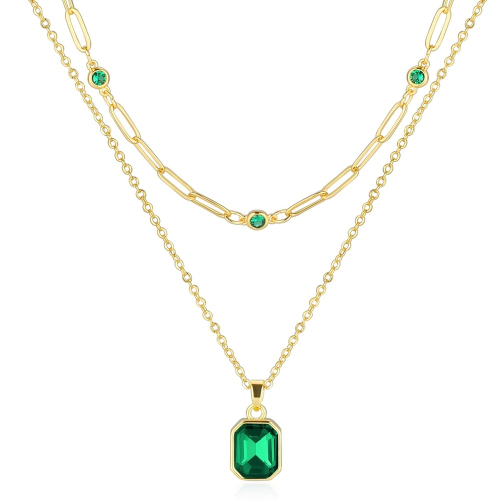 Gold Layered Necklaces for Women, 18k Plated Crystal Necklace Green