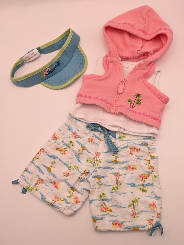 American Girl Y2K Island Vacation Doll Outfit Pink Hoodie Tropical Print Shorts