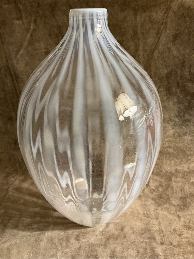 Large clear With white Opalescent stripe bulb shaped vase handmade item