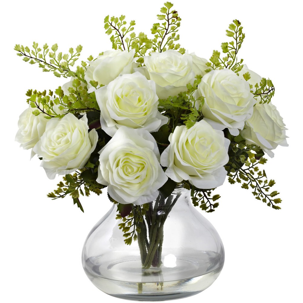 White Rose & Maidenhair Fern Silk Floral Arrangement