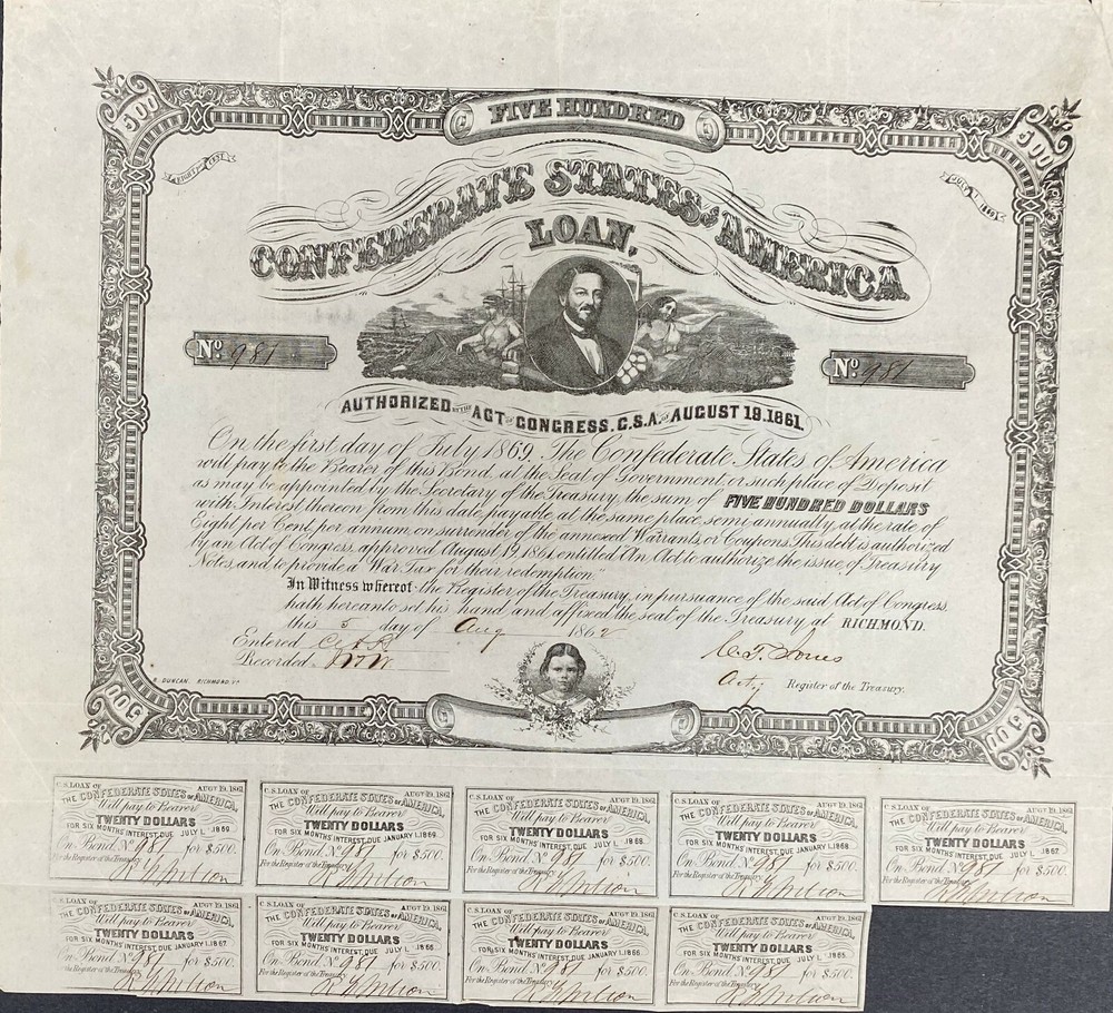 $500 Confederate States Coupon Bond - Criswell 57, Ball 55 - Rare Civil War Era Collectible-image
