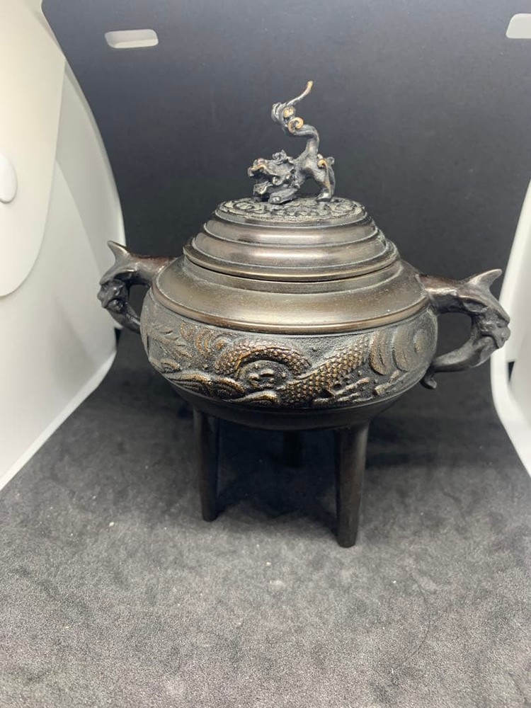 Bronze Incense Burner Dragon Shisih Lion 5.9in Vintage Japanese Censer Sculpture