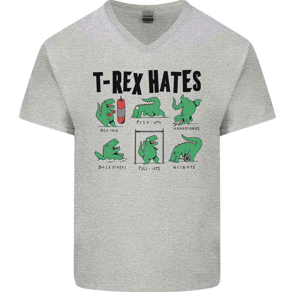 T-Rex Hates Funny Dinosaurs Jurassic Gym Mens V-Neck Cotton T-Shirt