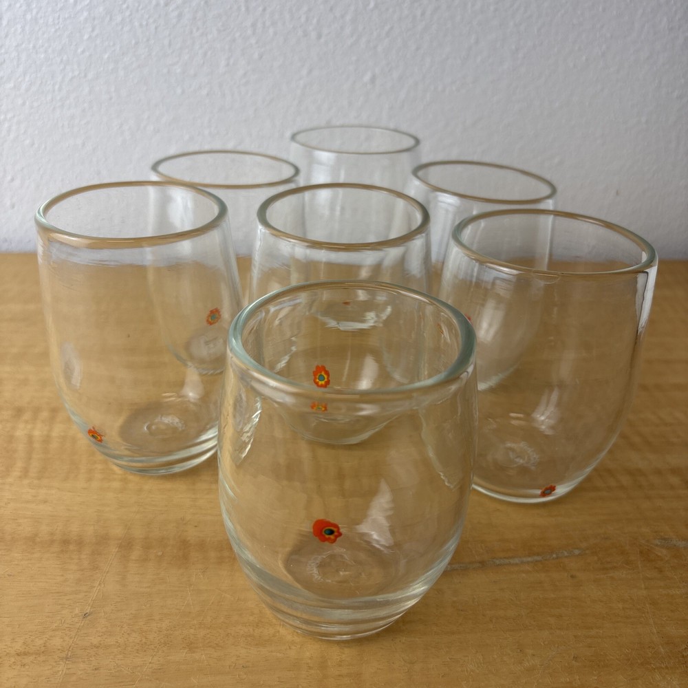Hand Blown Stemless Wine Glass with Playful Tiny Flower Design  