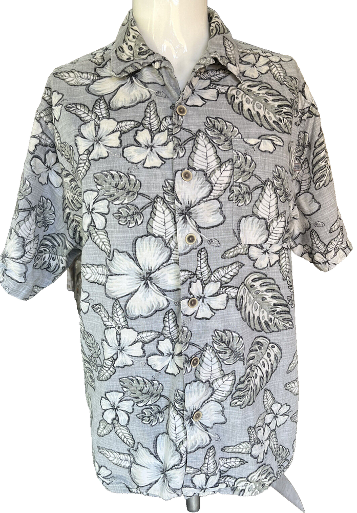 MAUI and SONS Shirt Vintage Hawaiian Reverse Print Floral Gray Button Up Medium
