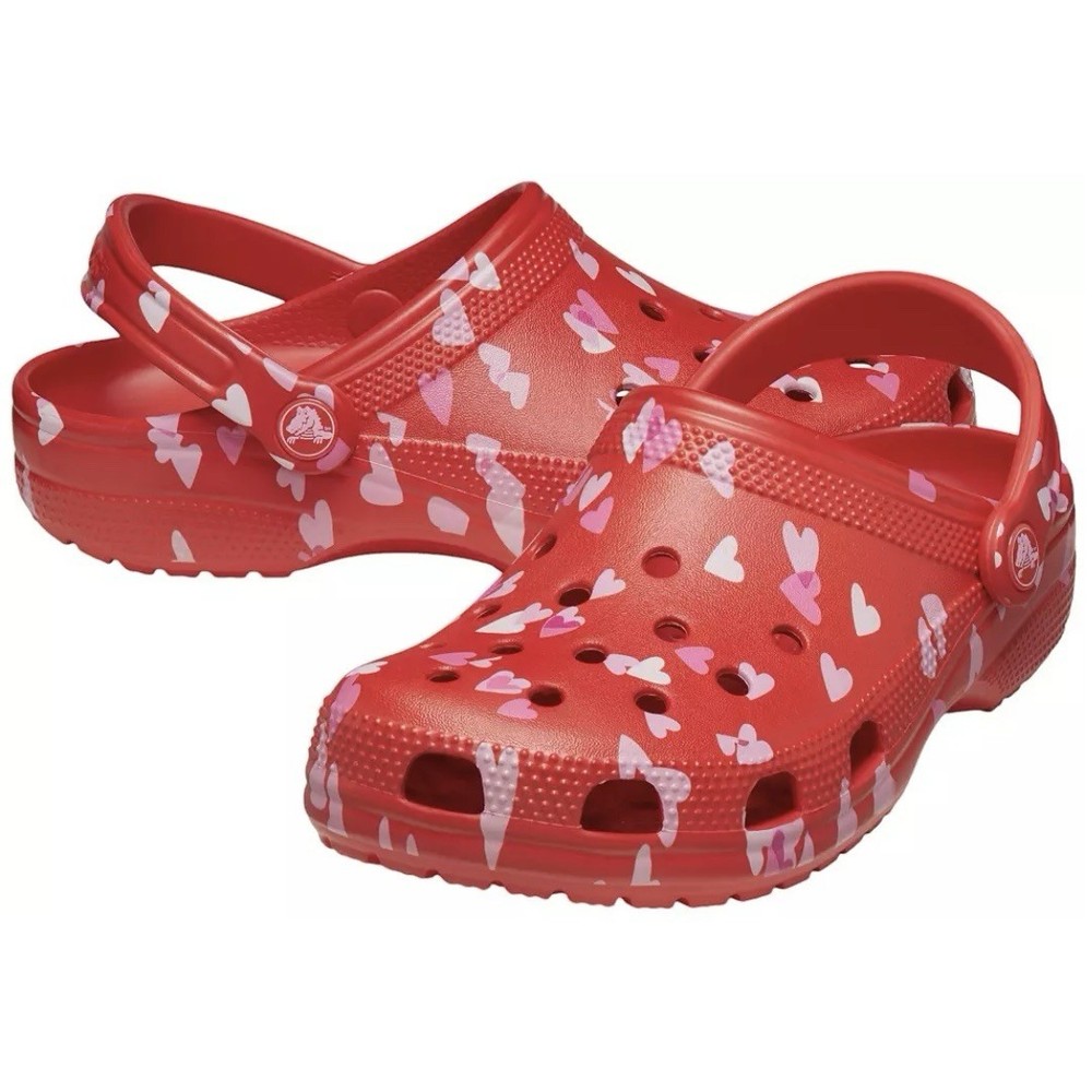 Crocs Classic Valentines Day Clog Red w/ Pink Hearts Sandal Shoes Womens Size 8