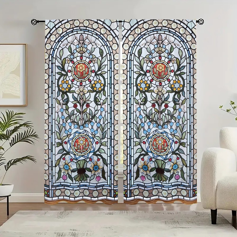 2Pcs Stained Glass Flower Window Curtain Drapes Bedroom Living Room Kitchen